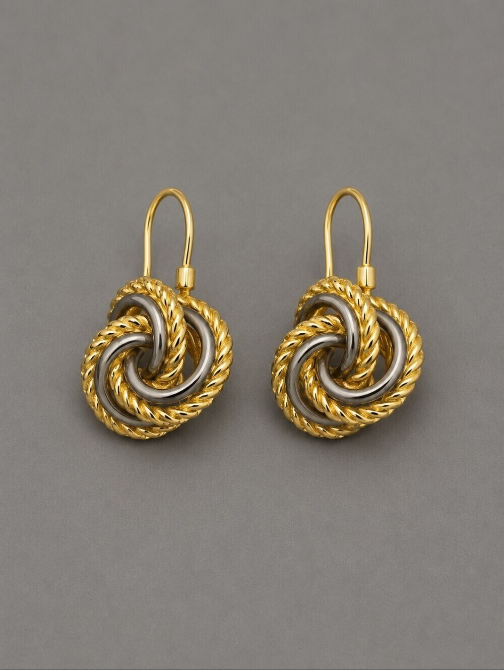 Vtg Two-tone Gunmetal and Goldtone Knot Dangle Leverback Earrings